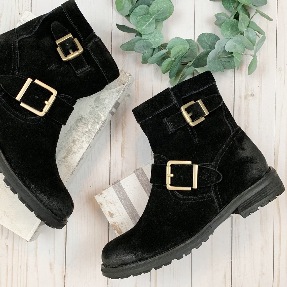 {Vince Camuto} Rubina Suede Buckle Moto Boot Black